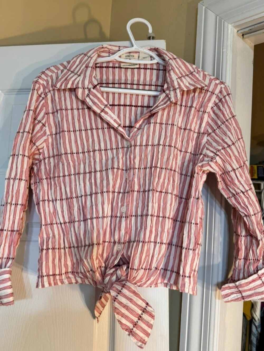 St. John's Bay Red Plaid Tie Front Seersucker Style Blouse M